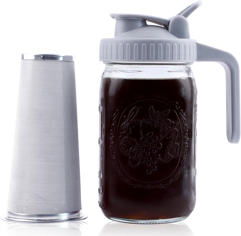 GMSWEET Cold Brew Coffee Maker 32 Oz Mason Jar Cold Brew Pitcher With Strainer 1 Quart Wide Mouth Glass Iced Coffee Maker With Spout Lids Glass Pitcher For Fridge, Sun Tea, Lemonade, Cold Brew - Image 1